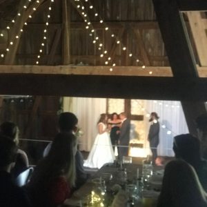 A couple is kissing in front of the wedding party.