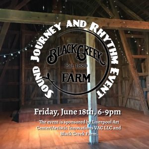 A black creek farm event with the logo for sound journey and rhythm event.